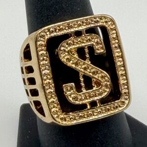Gold Tone Dollar Sign‎ Ring $ Symbol Wide Band Statement Size 9 Hip Hop